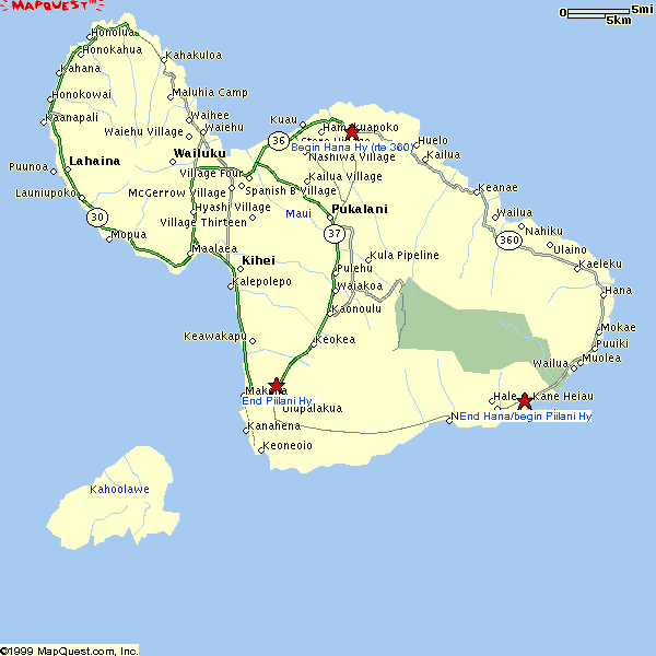 Map of Maui, showing Hana and Pillani Highway routes