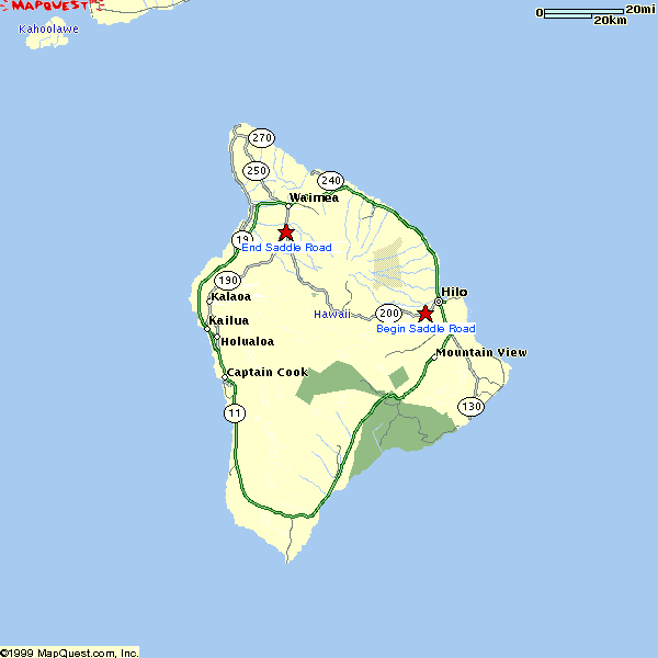 Map of Big Island, showing pre-2007 Ala Mauna Saddle Road alignment