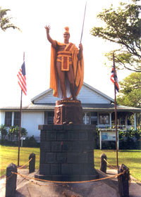 Statue of Kamehameha the Great, painted in earth tones, in Hawi