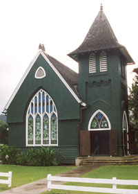 The striking dark green Wai'oli Hui'ia Church in Hanalei