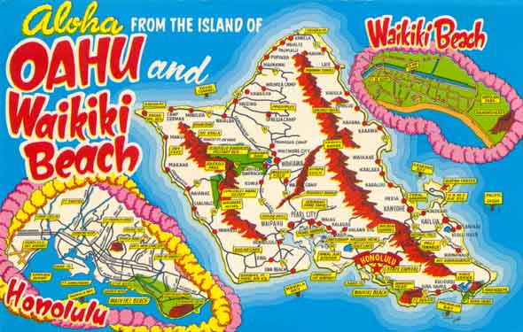 Postcard from early 1960s, showing Oahu highway network