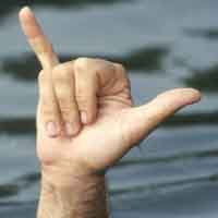Shaka gesture, with thumb and pinkie finger sticking out in opposite directions, and other fingers folded