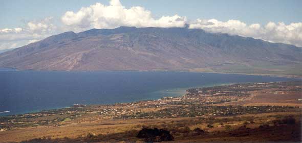 View of west Maui mountains and Maalaea Bay, from Kula Highway
